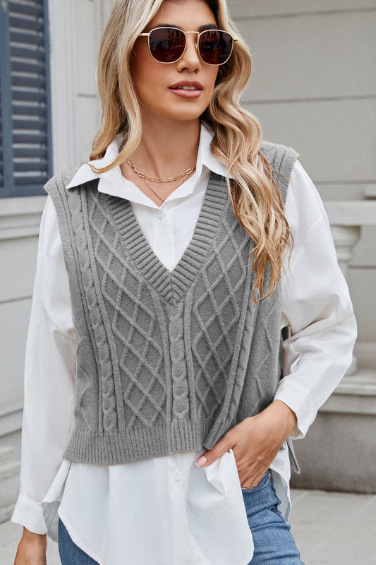 Cable-Knit V-Neck Sweater Vest Gray