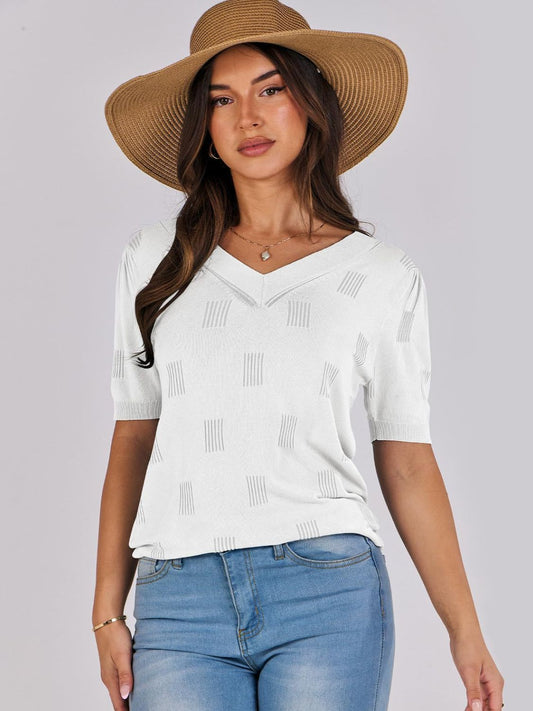 V-Neck Half Sleeve Knit Top White