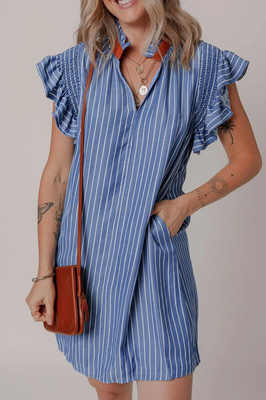 Stripe Frilly Split Neck Shirred Ruffle Sleeve Short Shift Dress