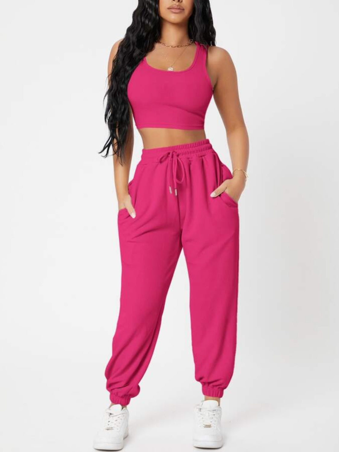 Wide Strap Top and Drawstring Joggers Set Hot Pink