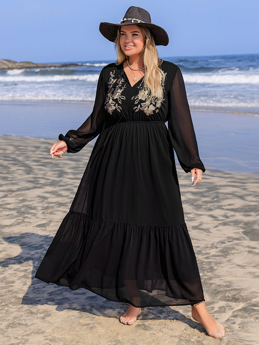 Plus Size Embroidered Tie Neck Long Sleeve Dress Black