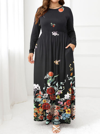 Plus Size Round Neck Maxi Dress with Pockets Floral