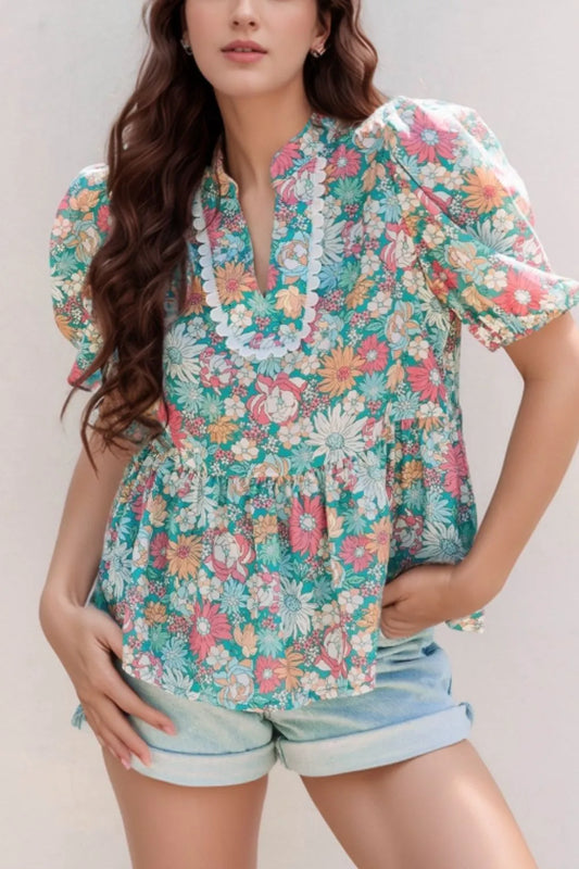 Multicolour Notched Neck Puff Short Sleeve Floral Blouse Floral