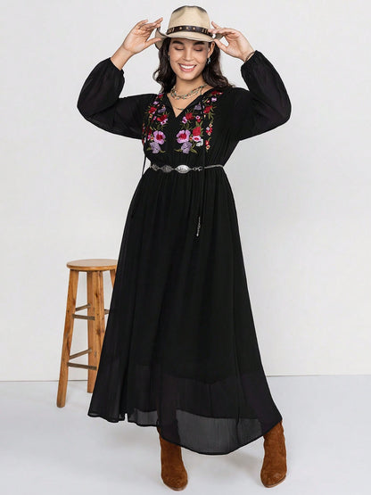 Plus Size Embroidered Tie Neck Long Sleeve Dress Black