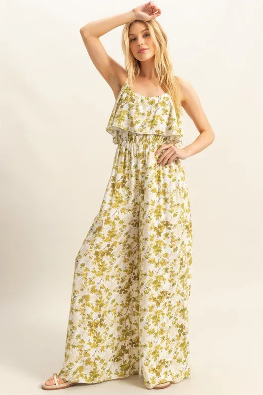 HYFVE Floral Print Spaghetti Strap Wide Leg Jumpsuit Yellow-Green