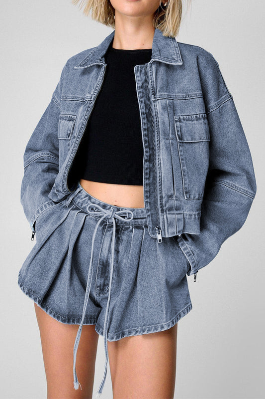 Zip Up Jacket and Drawstring Shorts Denim Set Medium