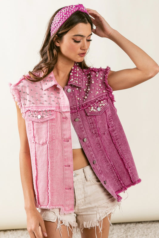 BiBi Pearl & Rhinestone Decor Contrast Raw Hem Vest Coat Pink Fuchsia