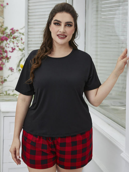 Plus Size Round Neck Tee Shirt and Plaid Shorts Lounge Set Black Red