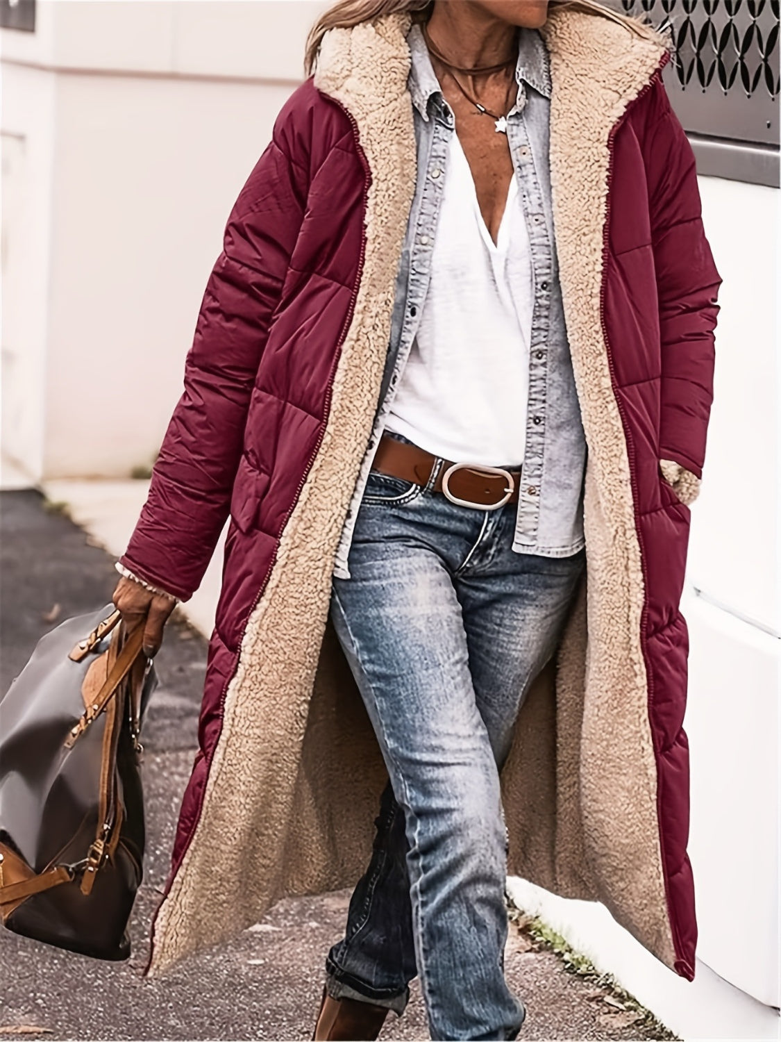 Full Size Zip Up Sherpa Hooded Coat Burgundy
