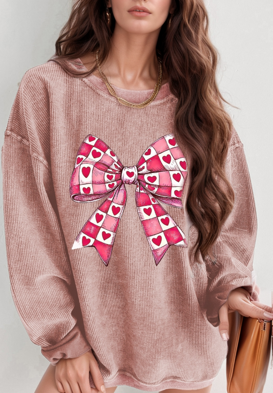 Valentine’s Day Bow Drop Shoulder Long Sleeve Sweatshirt Dusty Pink