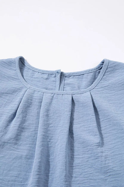 Solid Color Flounce Sleeve Pleated Round Neck Blouse