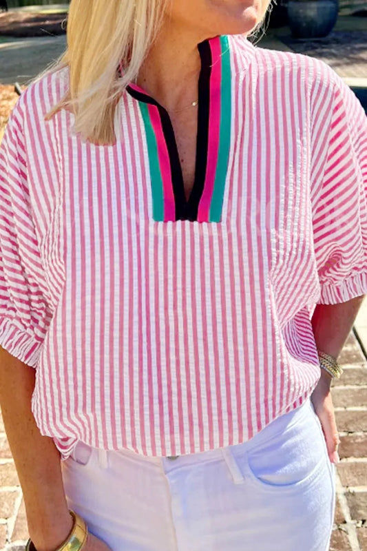 Striped Print Contrast Split Neck Dolman Sleeve Blouse Pink