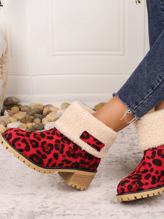 Leopard Block Heel Fuzzy Boots Scarlet
