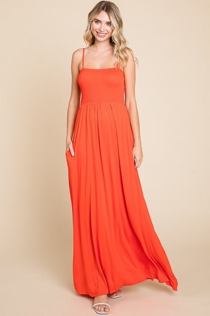 Culture Code Full Size Smocked Cami Maxi Dress with Pockets Scarlet
