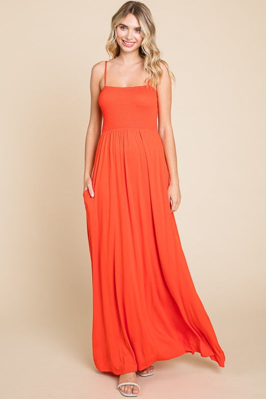 Culture Code Full Size Smocked Cami Maxi Dress with Pockets Scarlet