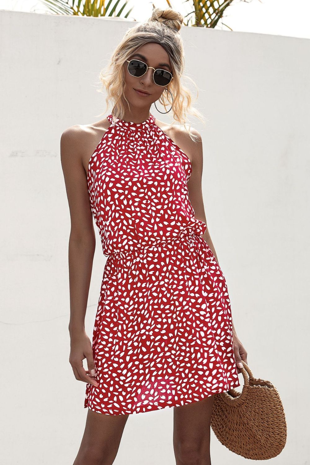 Printed Grecian Neck Mini Dress Deep Red