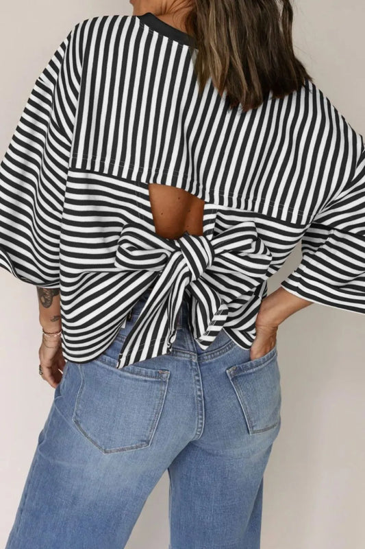 Tied Back Striped Round Neck Blouse Black
