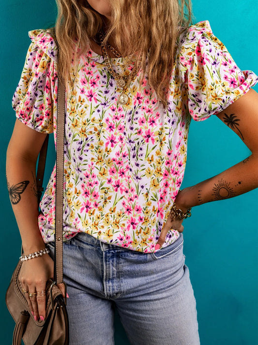 Floral Puff Sleeve Crewneck Blouse Floral