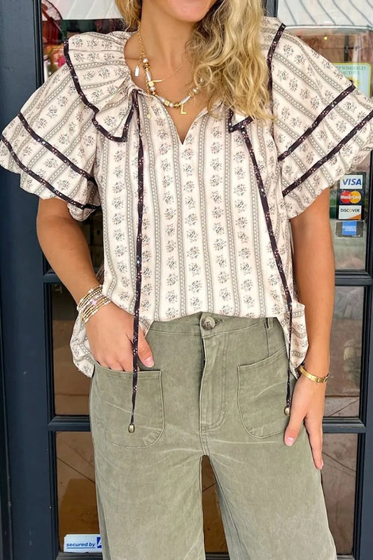 Floral Ruffled Collar Short Puff Sleeve Printed Blouse Floral