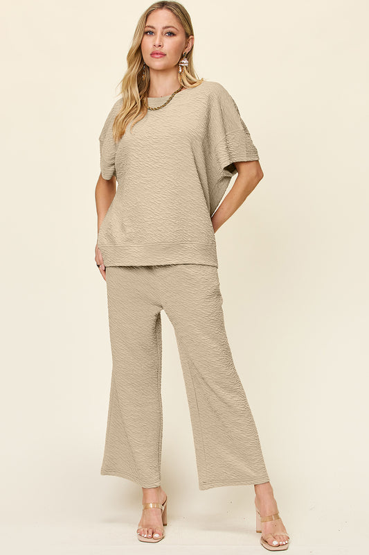 Double Take Full Size Texture Short Sleeve Top and Pants Set Khaki