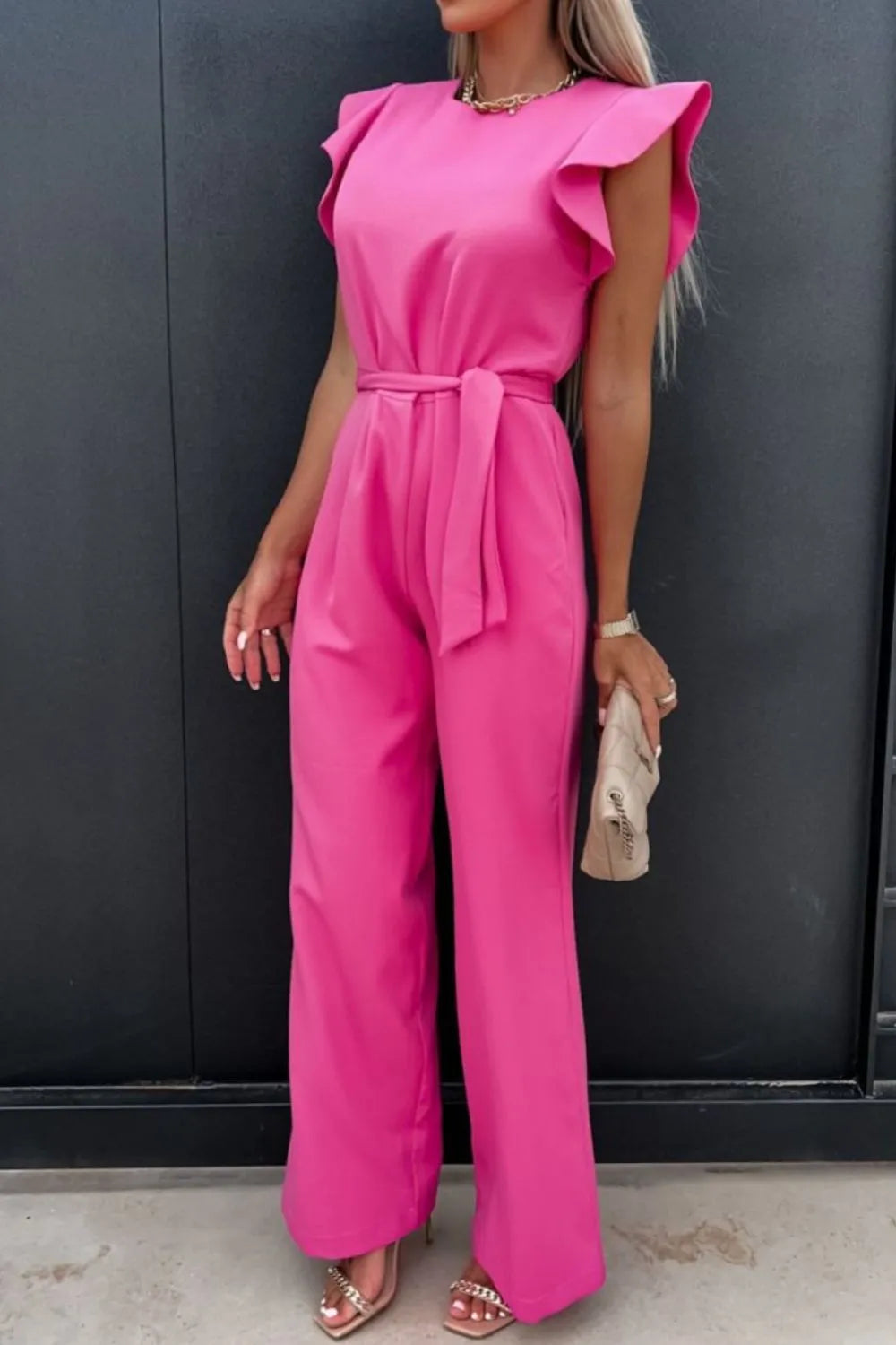 Round Neck Cap Sleeve Jumpsuit Pink