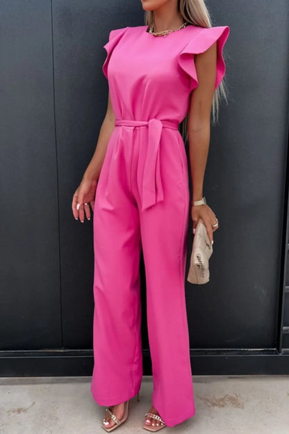 Round Neck Cap Sleeve Jumpsuit Pink