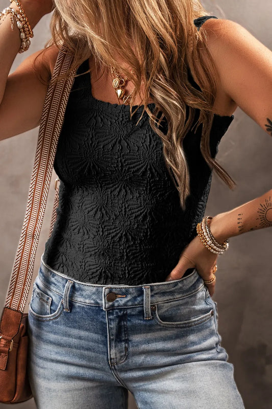 Floral Jacquard Square Neck Tank Black