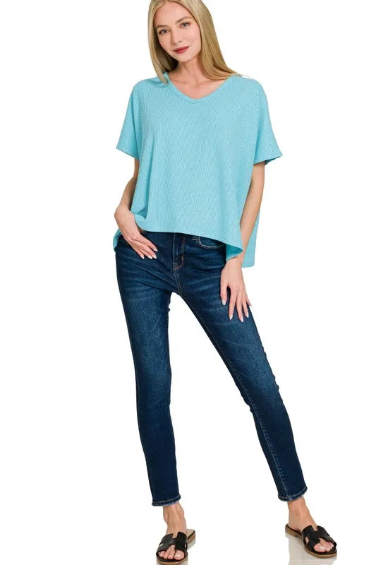 Zenana Ribbed V-Neck Short-Sleeve Knit Top