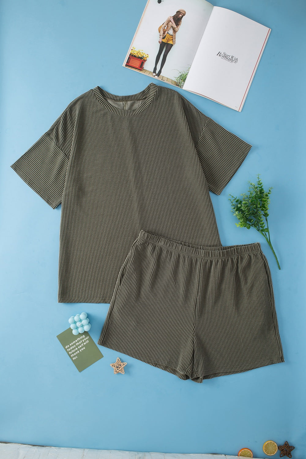 Plus Size Round Neck Top and Pocketed Shorts Set Dark Gray