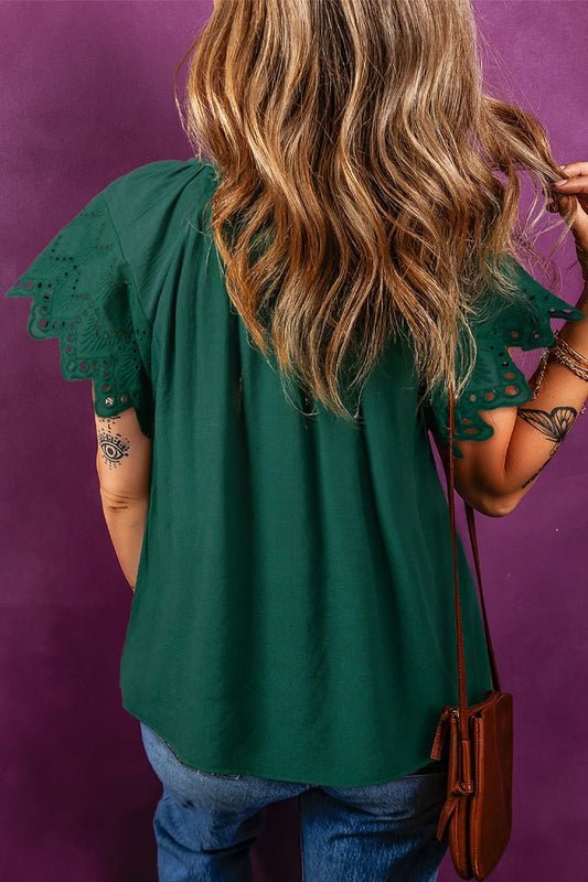 Eyelet Embroidered Sleeve Tie Neck Blouse