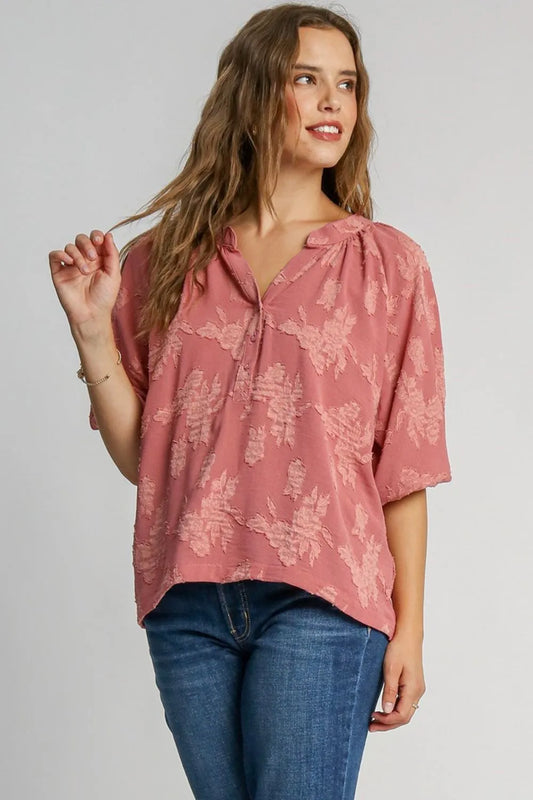 Umgee Full Size Notched Button Detail Half Sleeve Blouse Plus Size Dusty Pink