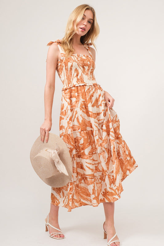 And The Why Tie Shoulder Smocked Midi Tiered Dress Hazelnut