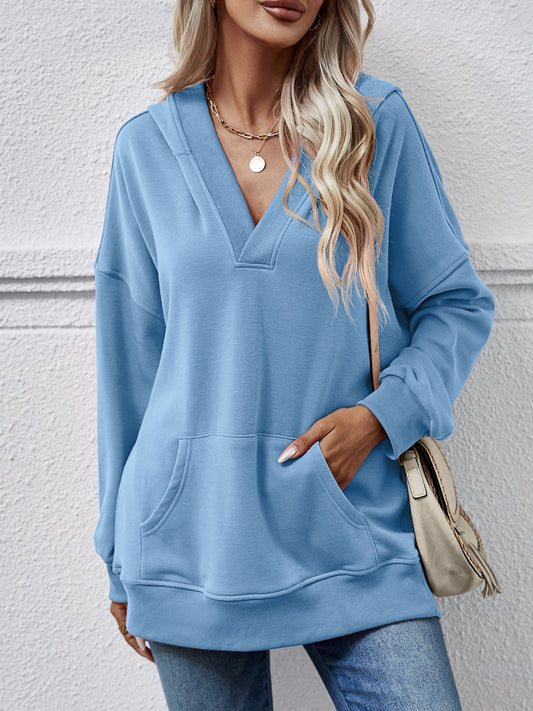 V-Neck Drop Shoulder Long Sleeve Hoodie Pastel Blue