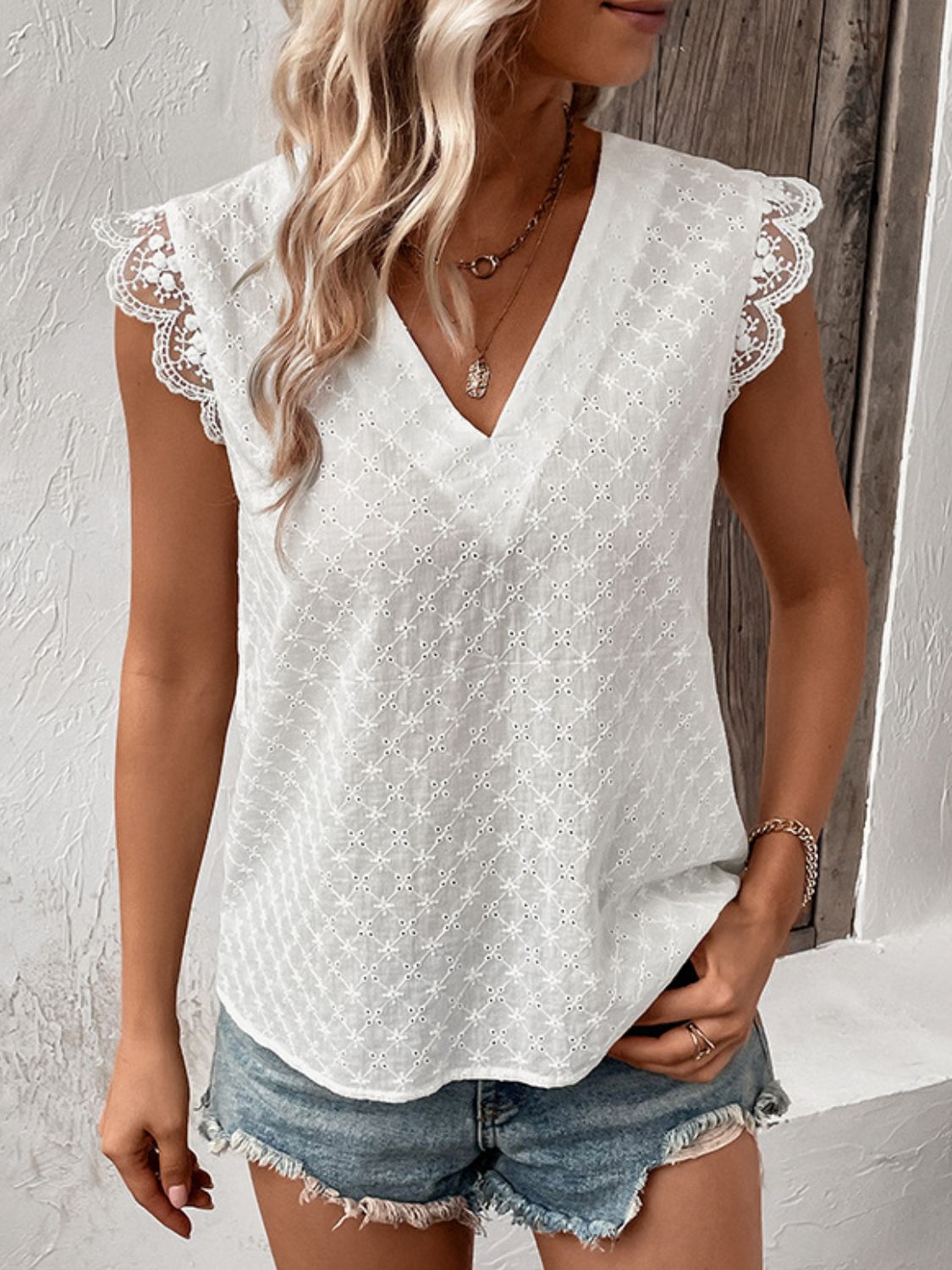 Perfee V-Neck Cap Sleeve Spliced Lace Top White