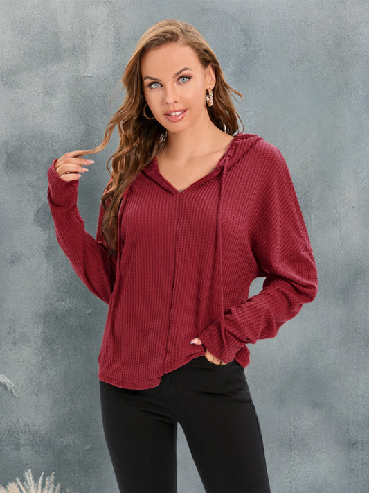 Waffle-Knit Drawstring Drop Shoulder Hoodie Red Orange