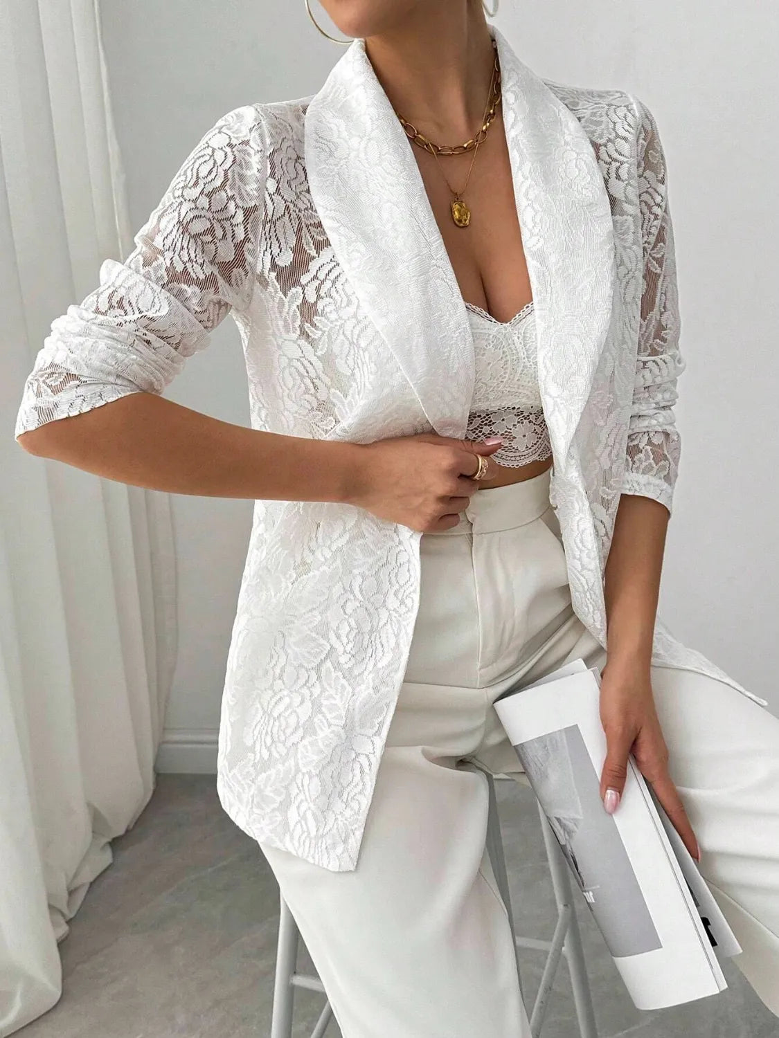 Lace Lapel Collar Long Sleeve Blazer White