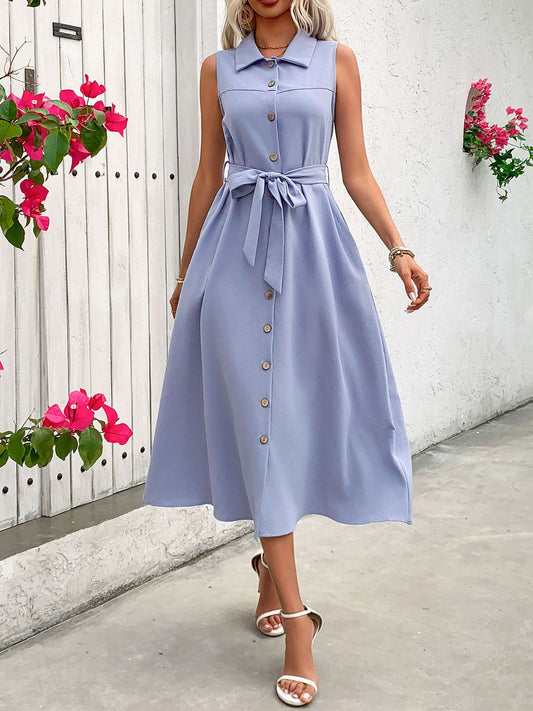 Perfee Collared Neck Sleeveless Dress Blue Purple