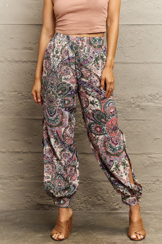 Perfee Printed Cutout Long Pants Multicolor