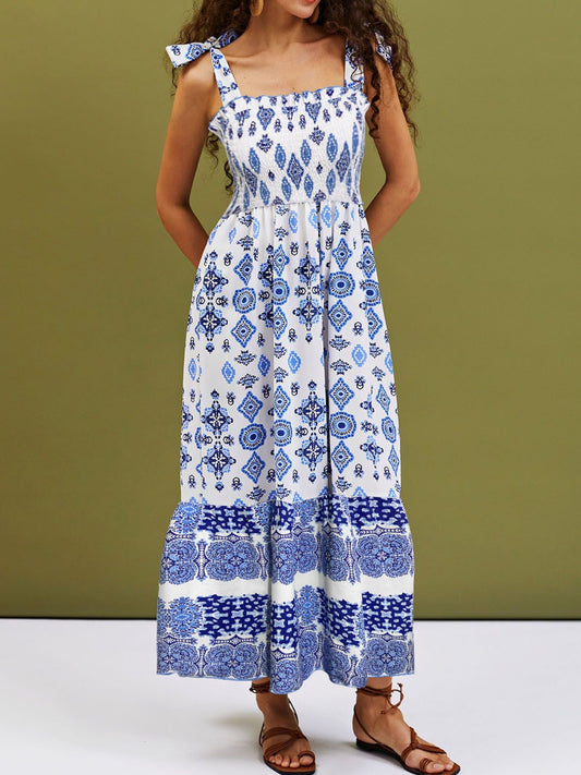 Smocked Printed Square Neck Cami Dress White