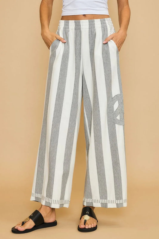 Umgee Peace Sign Patch Striped Wide Leg Pants Gray