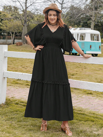 Plus Size Tassel Trim V-Neck Short Sleeve Ruffle Hem Dress Black