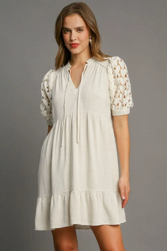 Umgee Full Size Ruffled Hem Heart Lace Sleeve Tie Neck Dress Plus Size Oatmeal