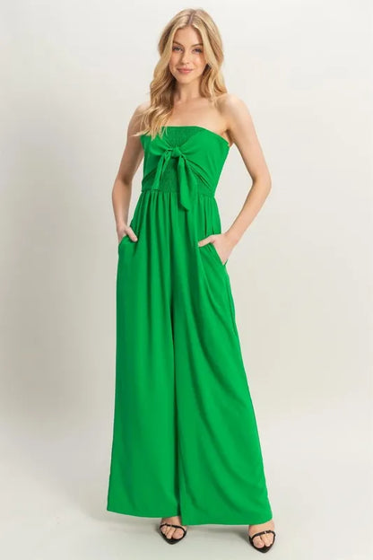 HYFVE Strapless Tie Front Smocked Jumpsuit KELLY GREEN