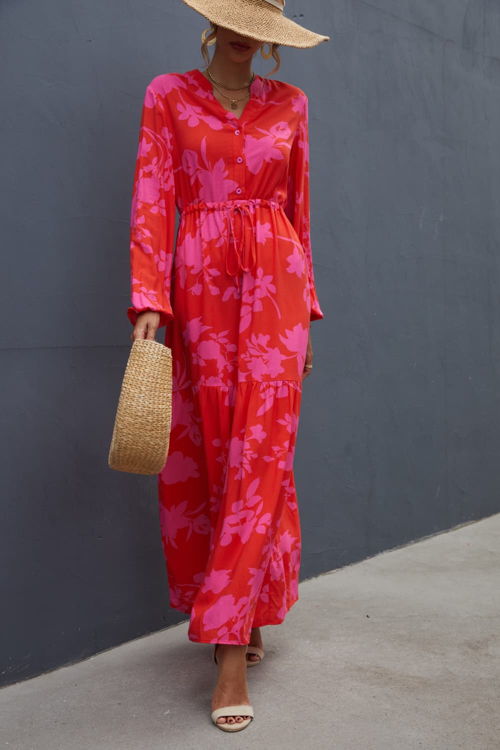 Floral Drawstring Waist Long Sleeve Dress Red