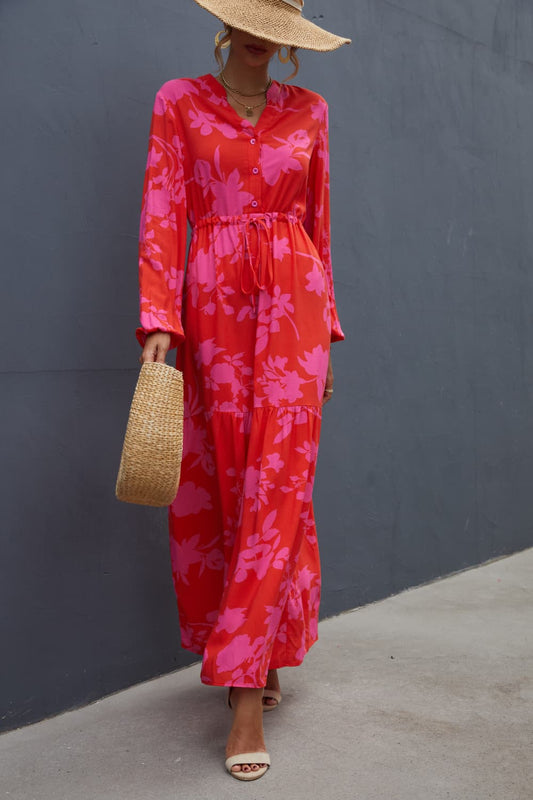 Floral Drawstring Waist Long Sleeve Dress Red