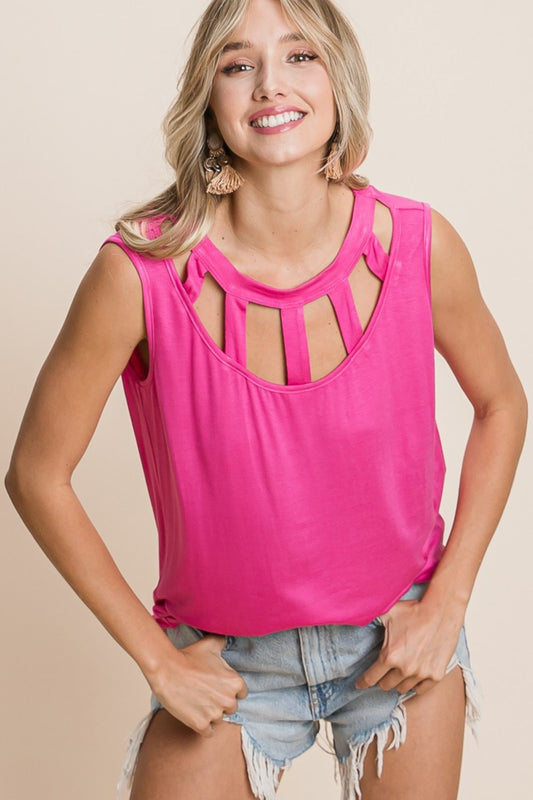 BiBi Cutout Round Neck Sleeveless Top Fuchsia