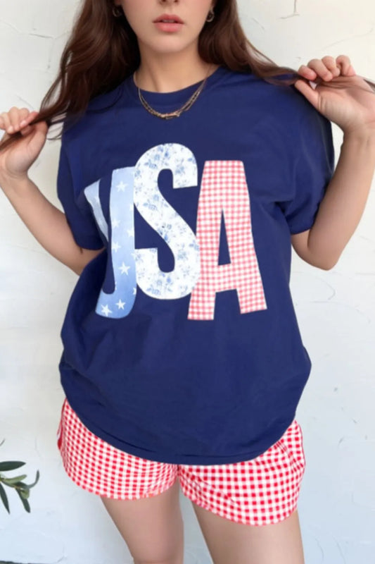 USA Letter Round Neck T-Shirt Navy