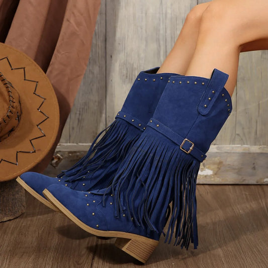 Point Toe Block Heels Boots Blue