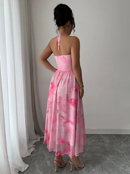 Tie-Dye Halter Sleeveless Midi Dress