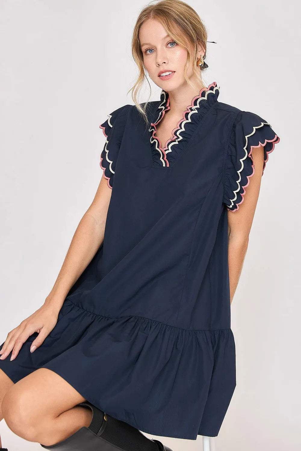 Umgee Full Size Ruffled Scalloped Sleeved Dress Plus Size Dark Navy